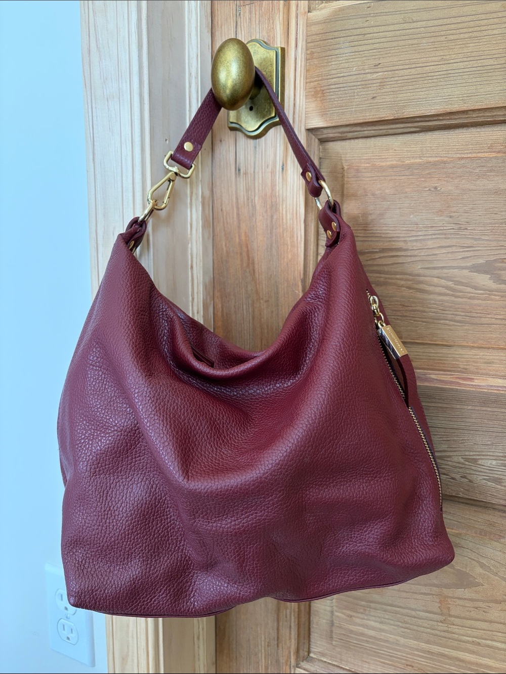 Pebbled Leather Shoulder Hobo Bag - Burgundy